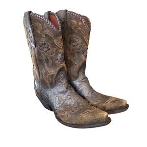 Dan Post Penny Embossed Cut Out Brown Leather Western Cowgirl Boots EUC 9